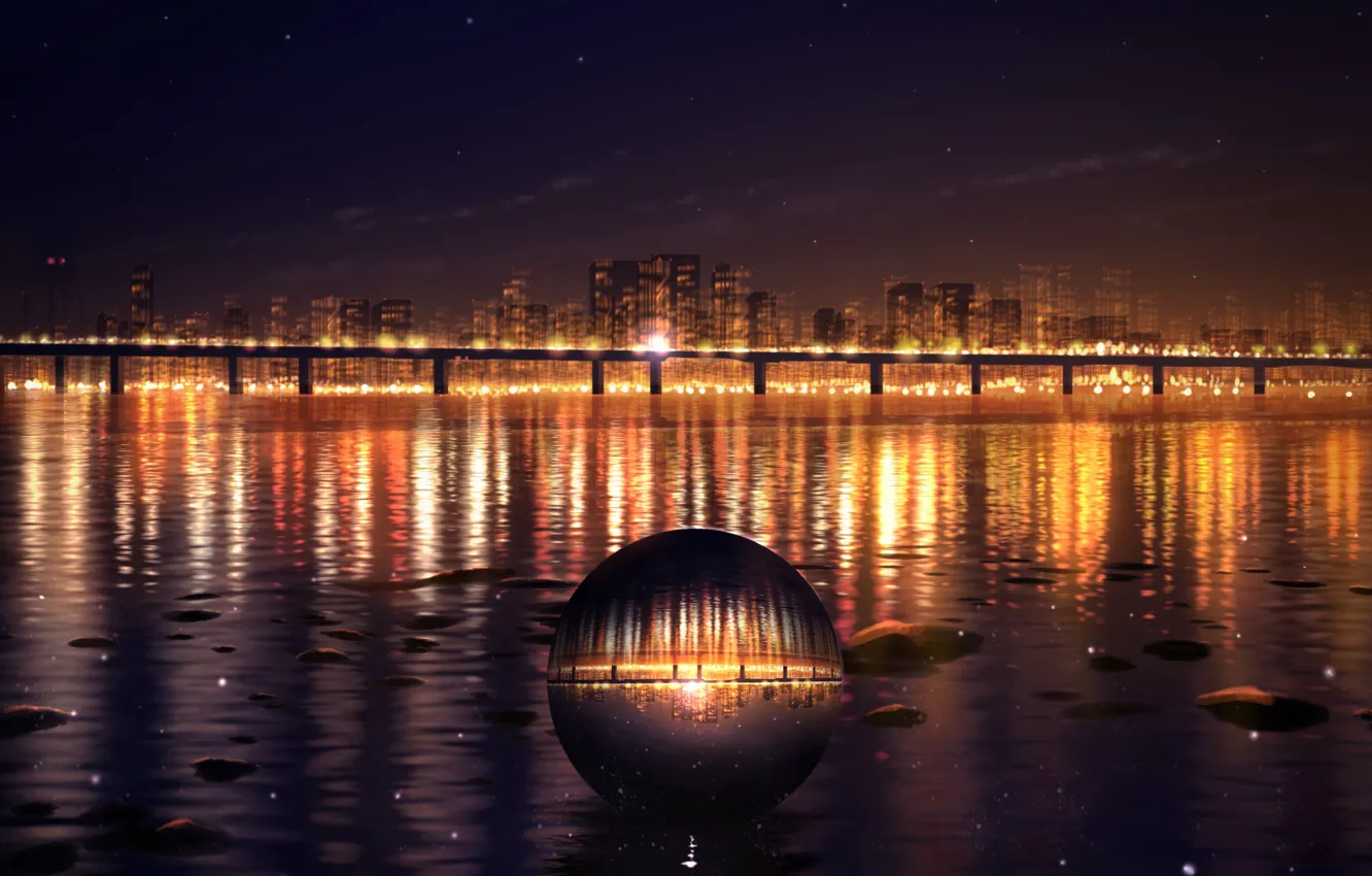 Фото обои вода, мост, город, шар, вечер