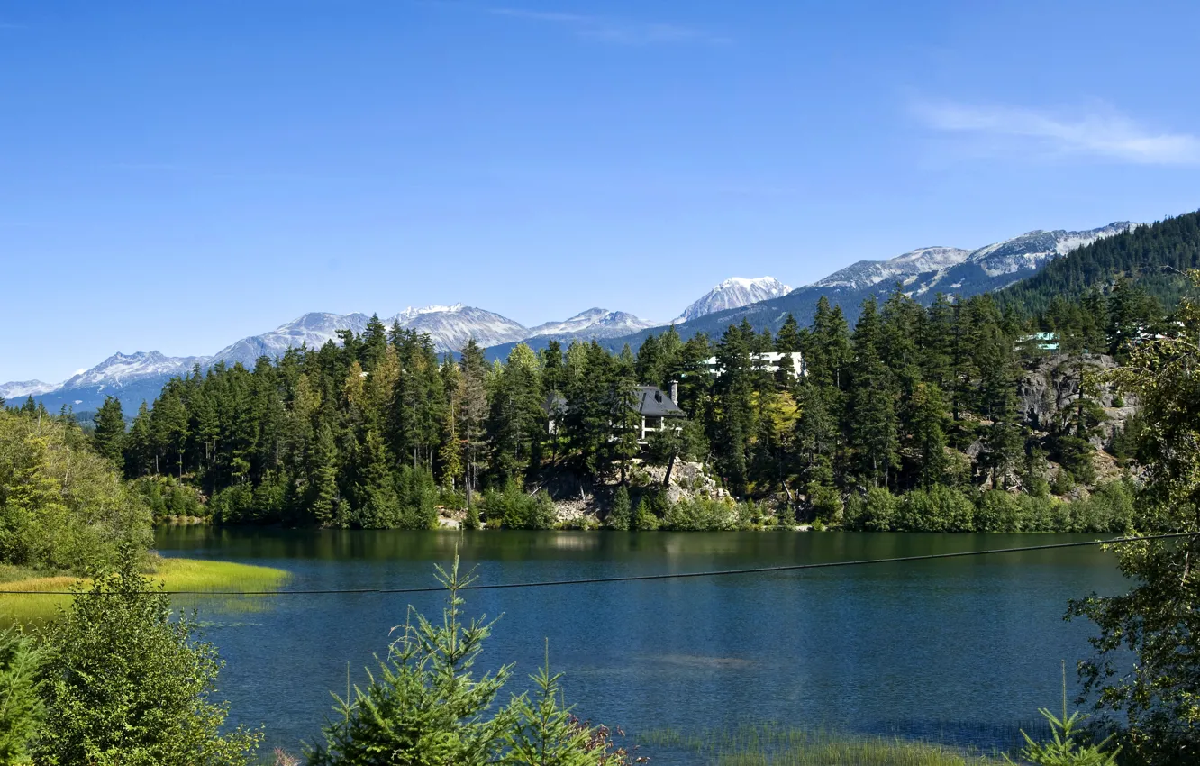 Фото обои лес, деревья, горы, озеро, скалы, Канада, домики, Lake Whistler
