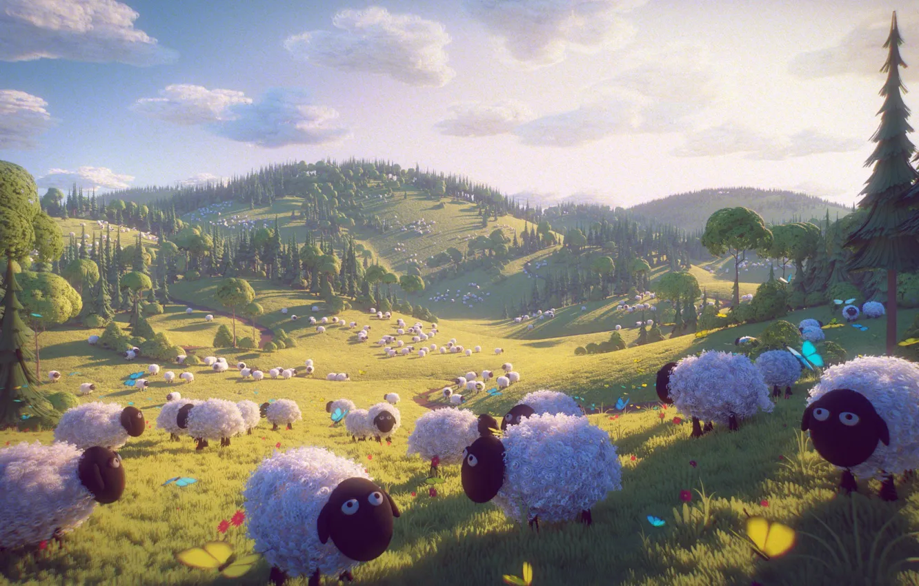 Фото обои природа, холмы, овечки, 3d-графика