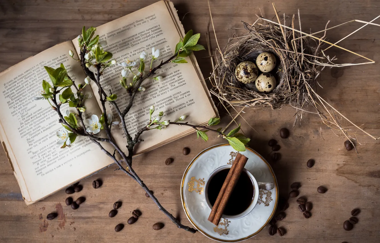 Фото обои кофе, яйца, зерна, ветка, гнездо, чашка, книга, корица