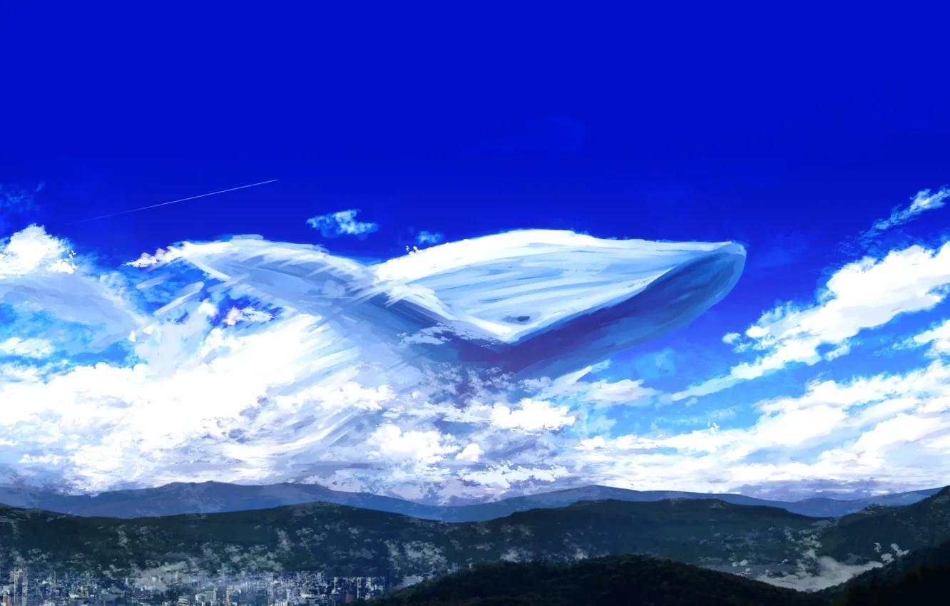 Фото обои небо, облака, горы, фэнтези, кит