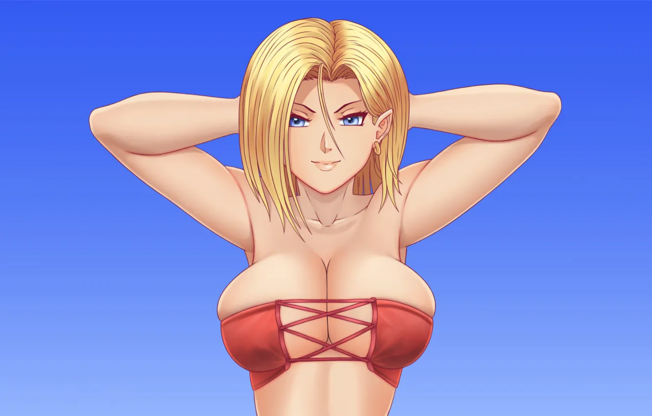 Фото обои girl, sexy, cleavage, boobs, anime, blue eyes, beautiful, short hair