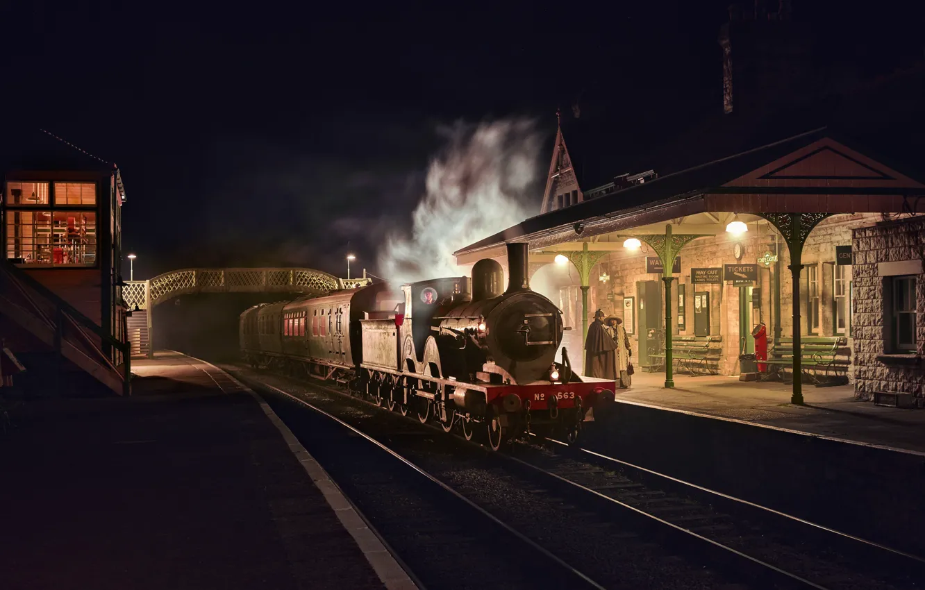 Фото обои ночь, ретро, Англия, паровоз, станция