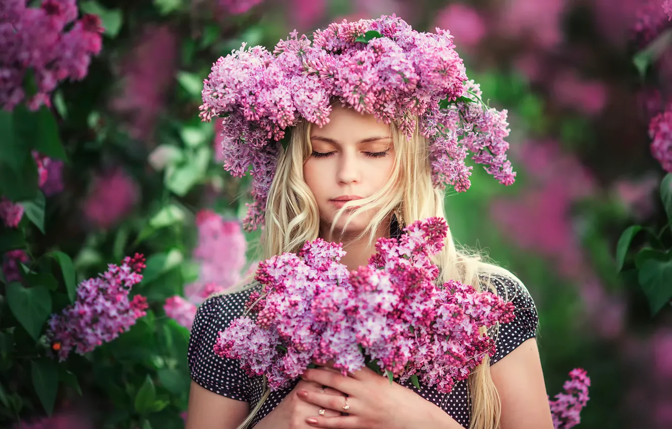 Фото обои девушка, цветы, портрет, венок, сирень, Lilac dreams