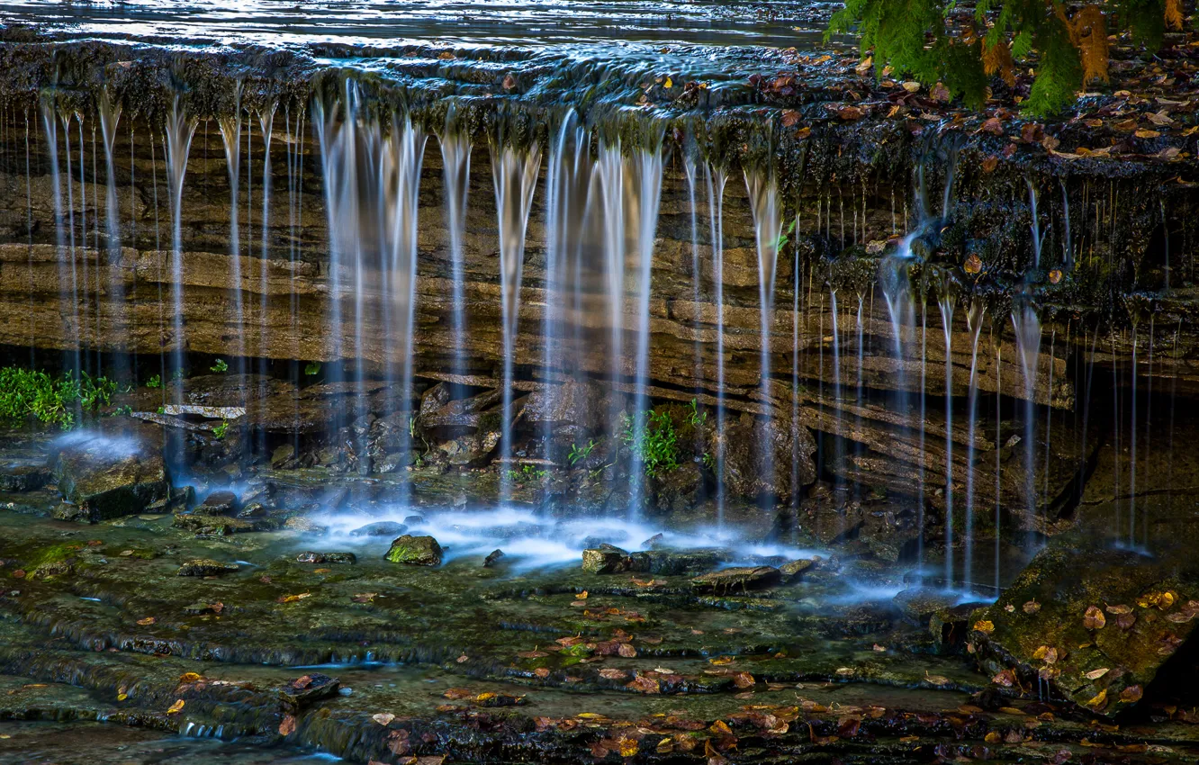Фото обои осень, листья, ручей, камни, водопад, поток