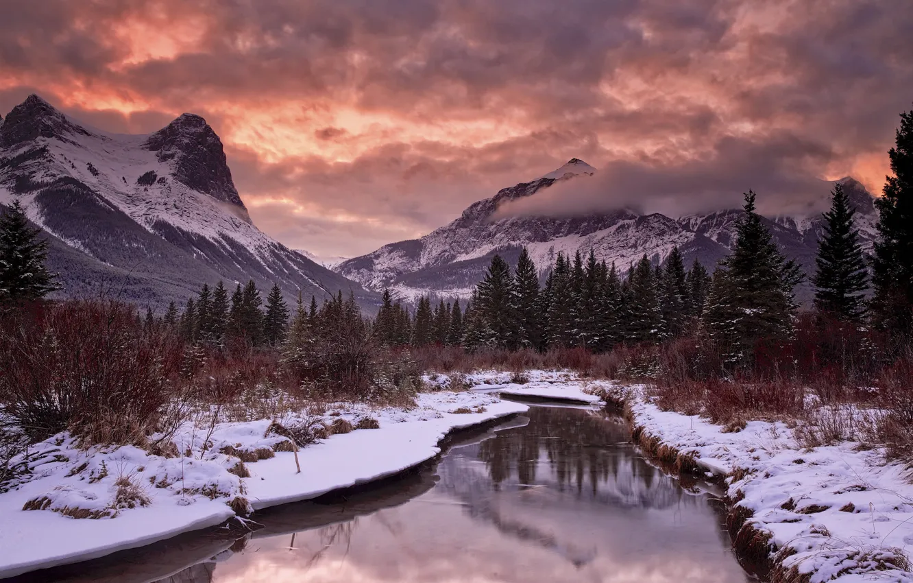 Фото обои снег, закат, горы, река