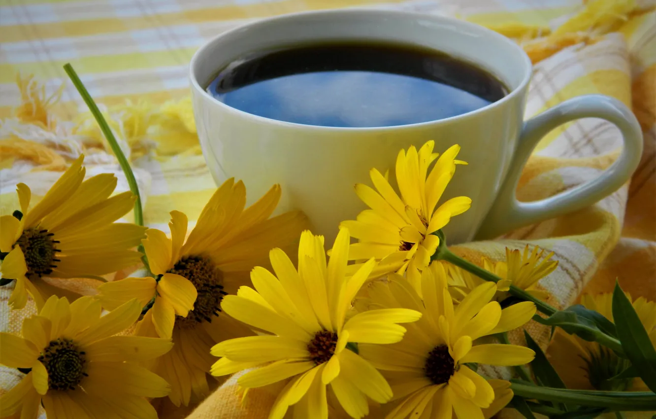 Фото обои цветы, кофе, чашка, натюрморт