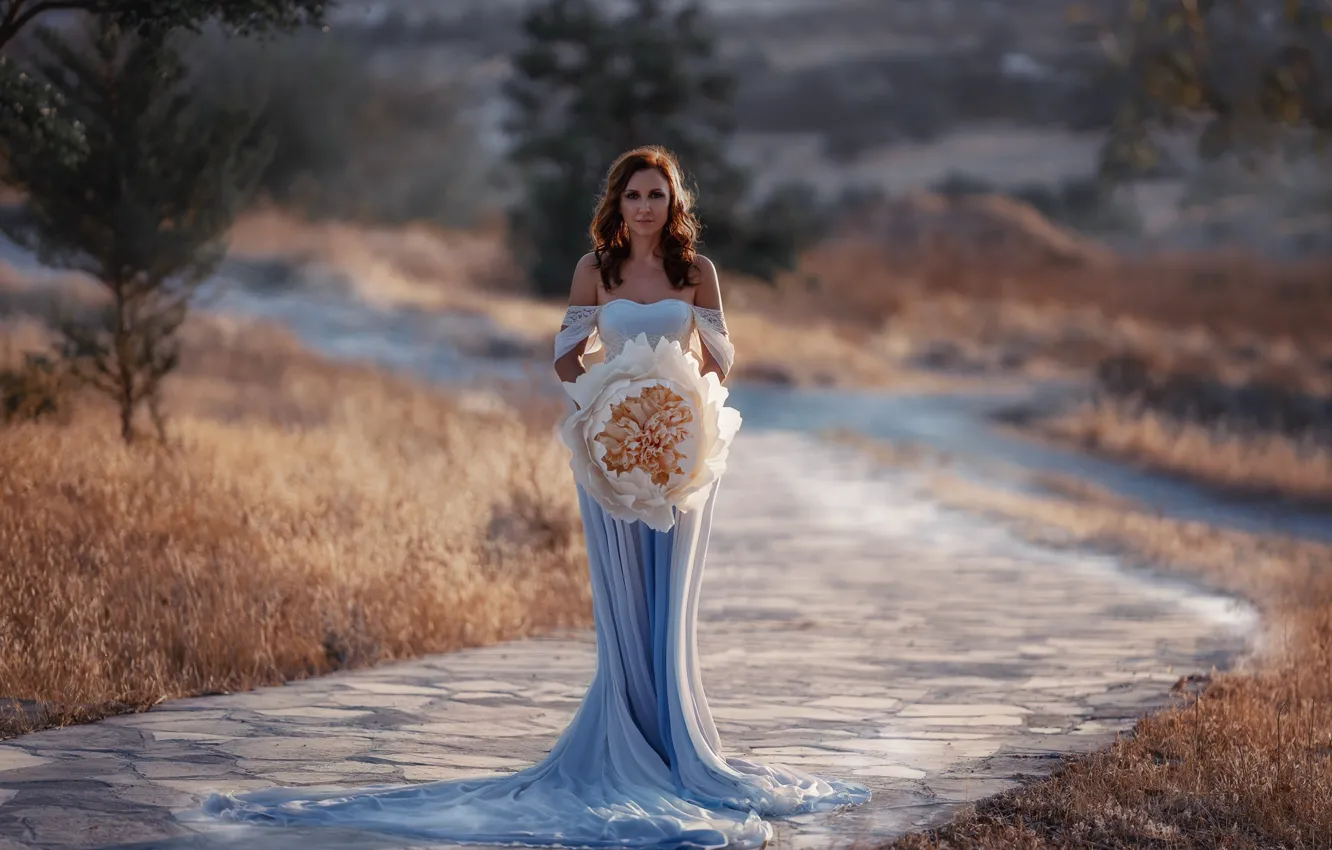 Фото обои дорога, девушка, пейзаж, цветы, природа, букет, платье, Кузнецова Виктория
