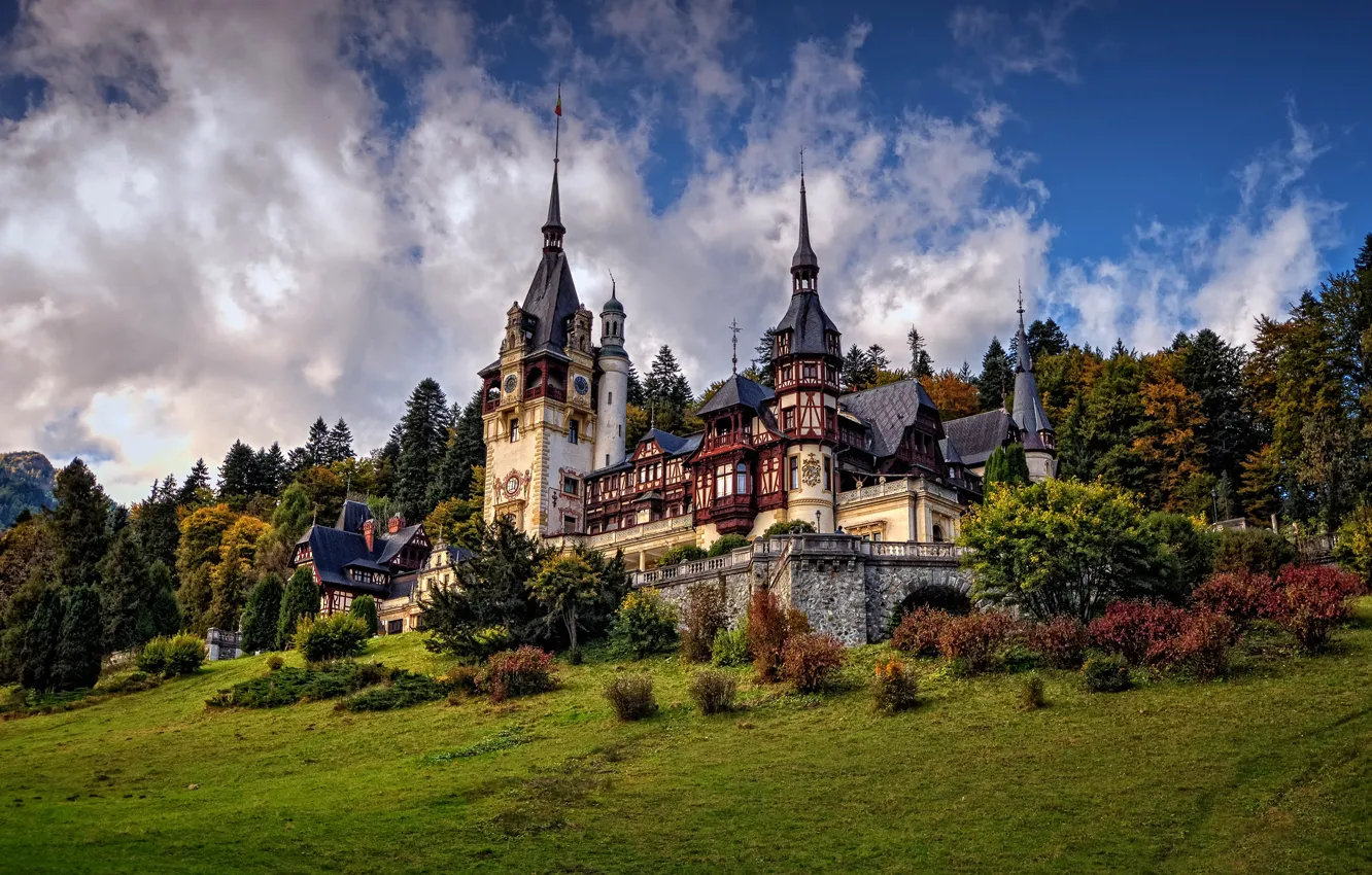 Фото обои деревья, замок, архитектура, кусты, Romania, Румыния, Синая, Peles Castle
