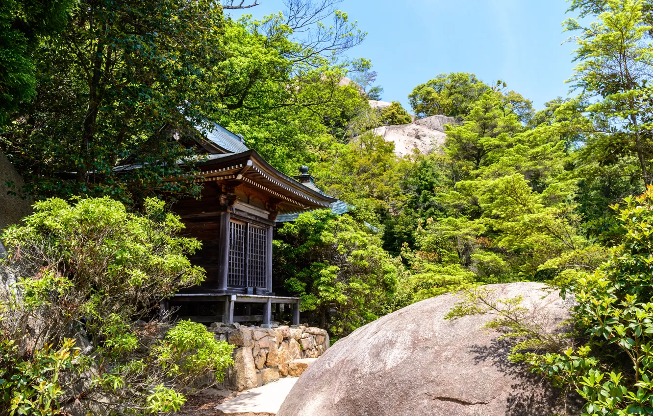Фото обои Природа, Горы, Япония, Лес, Камни, Храм, Святилище