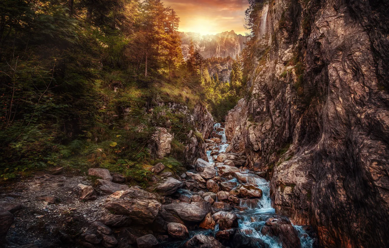 Фото обои ручей, камни, скалы, обработка, Schattenhalb