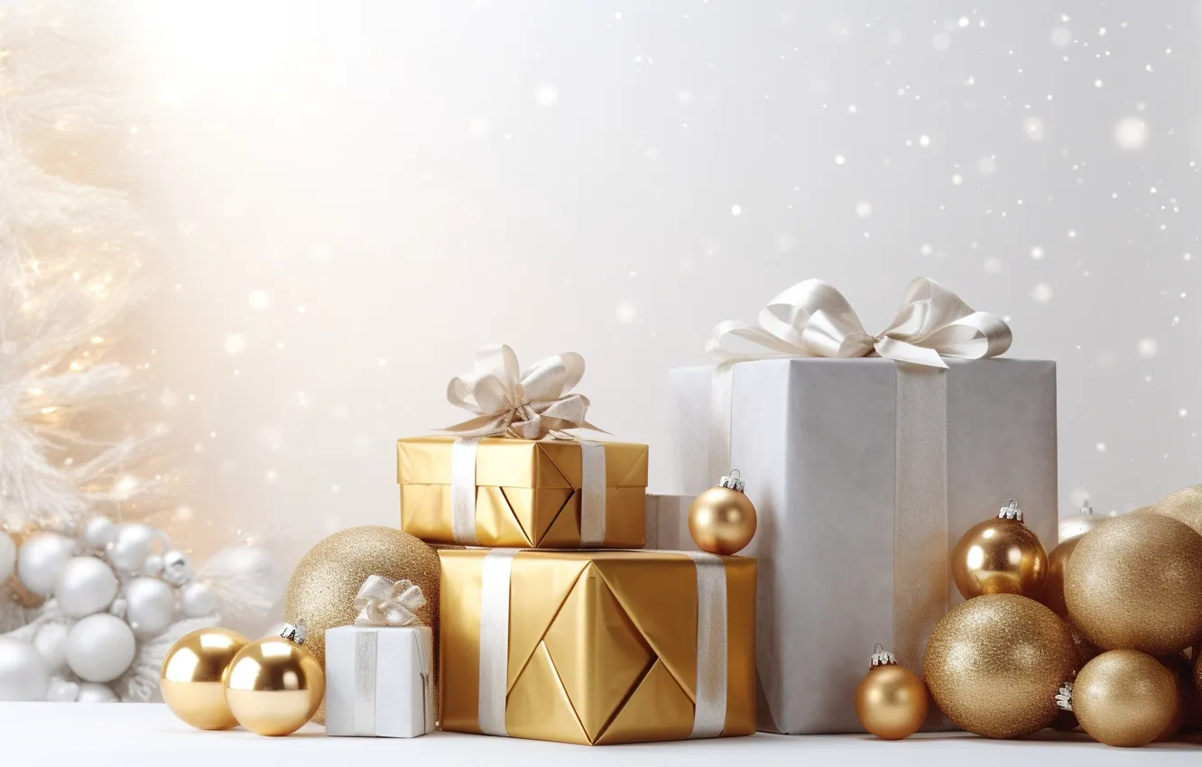 Фото обои украшения, шары, Новый Год, Рождество, подарки, golden, new year, Christmas