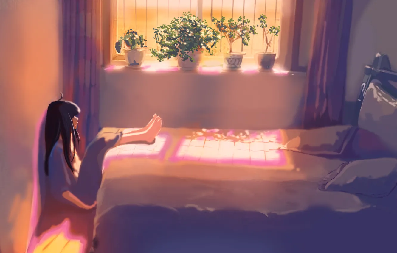 Фото обои девушка, свет, закат, цветы, комната, аниме, окно, арт