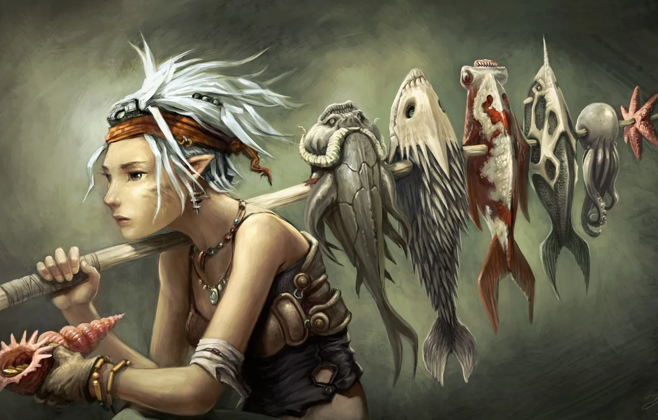 Фото обои девушка, эльф, рыба, ракушка, арт, осьминог, уши, палка