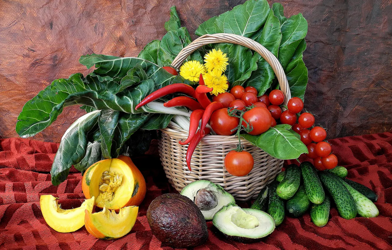Фото обои тыква, натюрморт, одуванчики, корзинка, овощи, помидоры, огурцы, салат