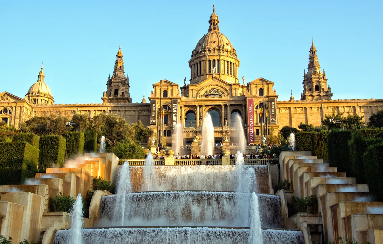 Фото обои небо, вода, музей, Испания, каскад, дворец, Барселона