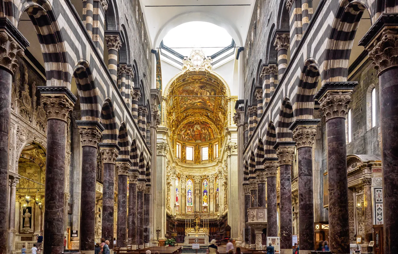 Фото обои Италия, арка, алтарь, скамья, колонна, Генуя, неф, Кафедральный собор Сан-Лоренцо