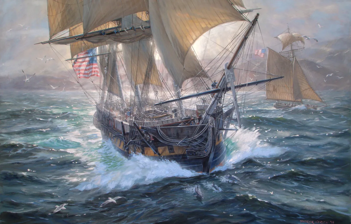 Фото обои море, волны, ветер, корабль, арт, паруса, Patrick O'Brien