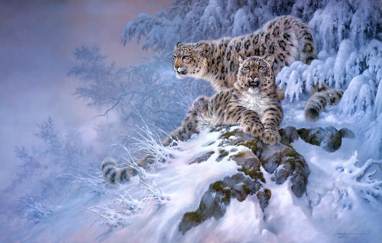 Фото обои зима, лес, снег, арт, Снежный барс