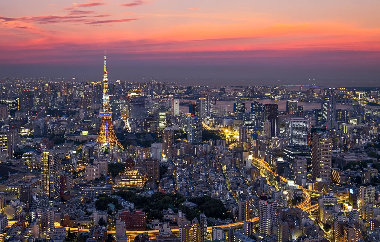 Фото обои облака, башня, дома, Япония, Токио, панорама, зарево