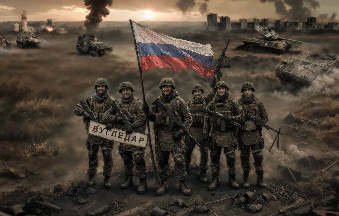Фото обои Вечер, Дым, Война, Флаг, Солдаты, Россия, Арт, Украина