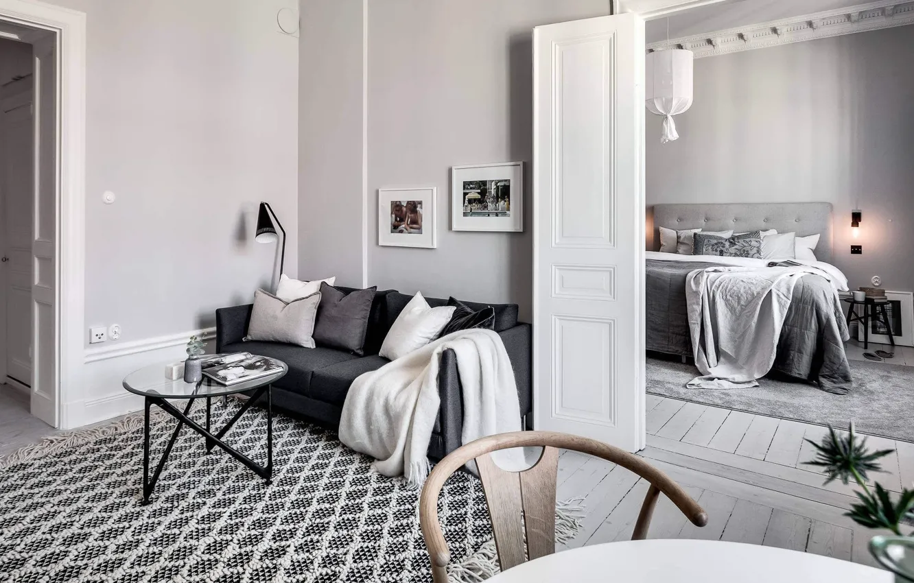 Фото обои дизайн, интерьер, спальня, гостиная, скандинавский стиль, Apartment in Stockholm, by Alexander White