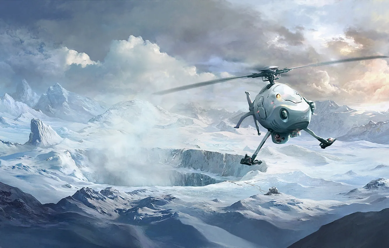 Фото обои зима, облака, снег, горы, арт, вертолёт