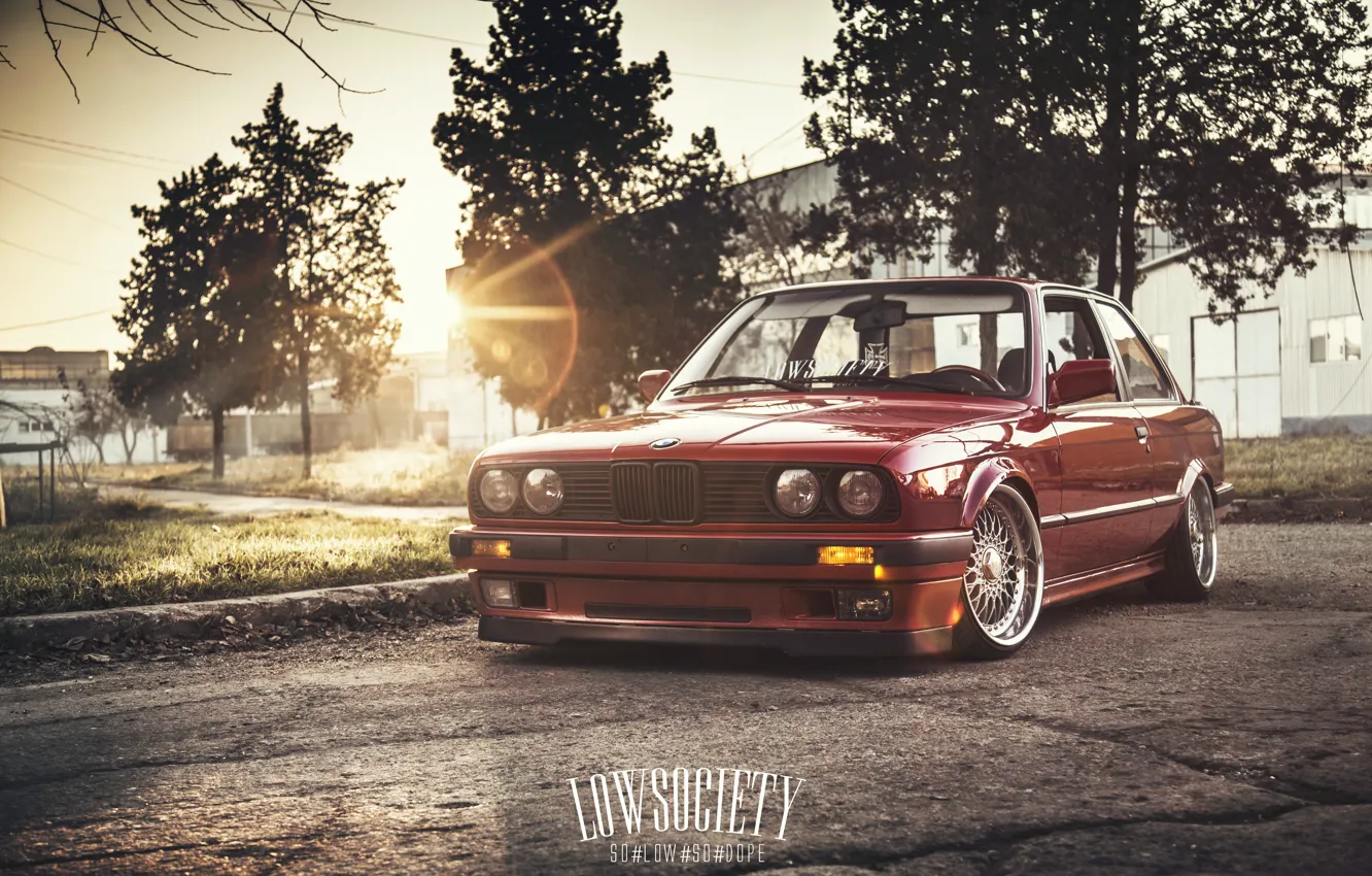 Фото обои car, солнце, bmw, red, блик, low, e30, 3 series