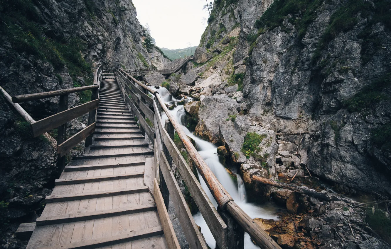 Фото обои rock, bridge, water, Europe, mountain, Austria, long exposure, Silberkarklamm