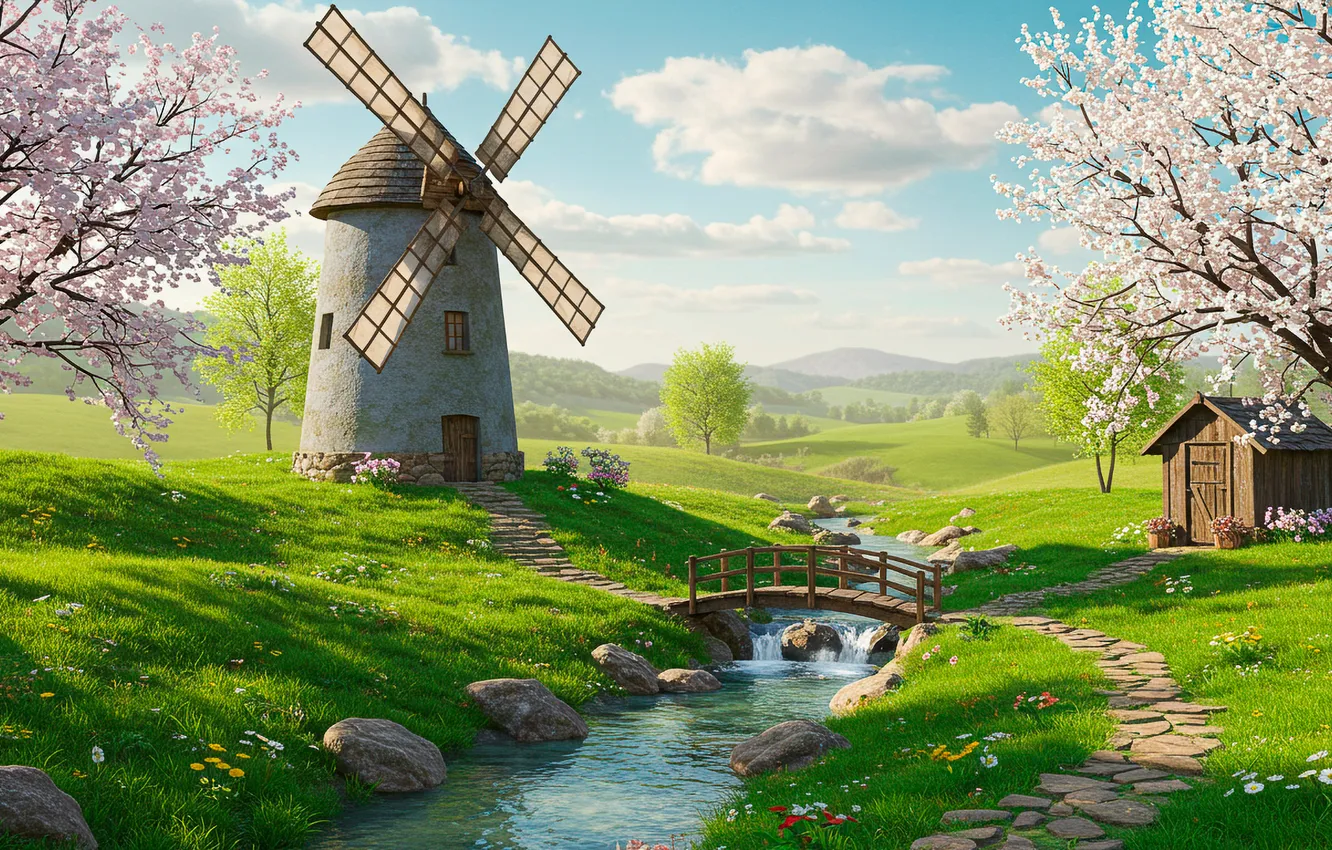 Фото обои рисунок, весна, арт, мельница, wallpaper, речка, river, art