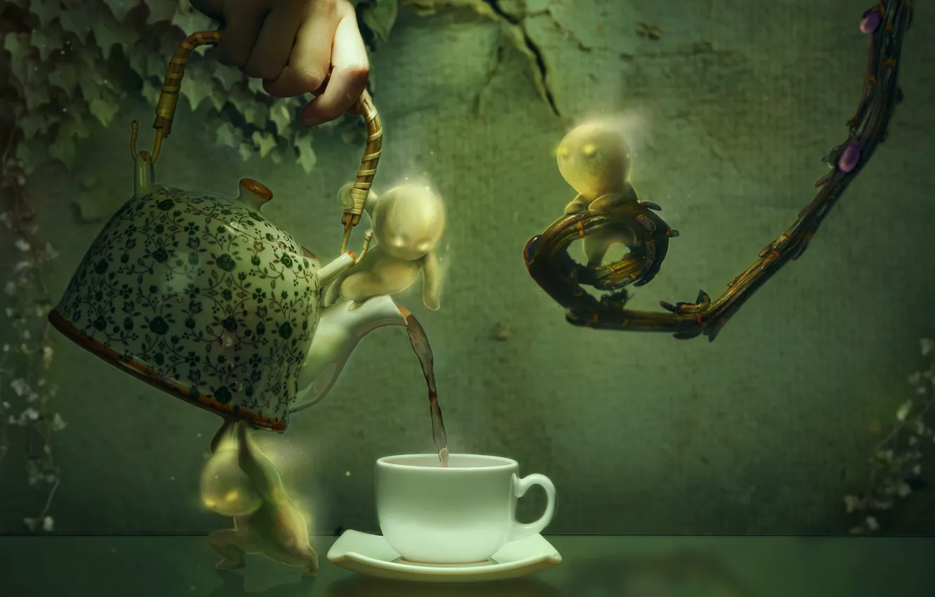 Фото обои листья, ветки, графика, рука, человечки, чайник, чаепитие, чашка