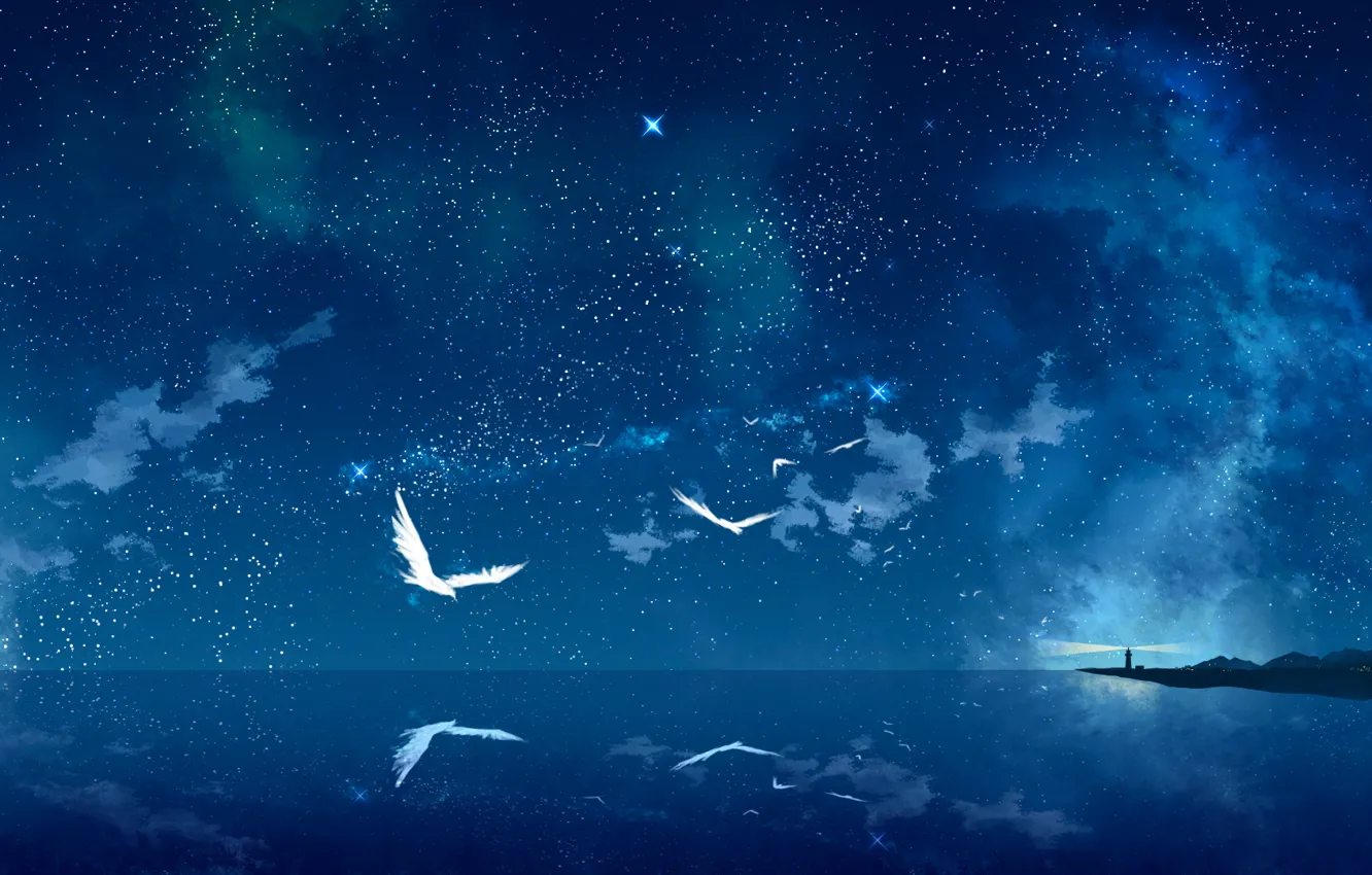 Фото обои море, звезды, птицы, ночь, маяк, арт, звездное небо, tokumu kyuu