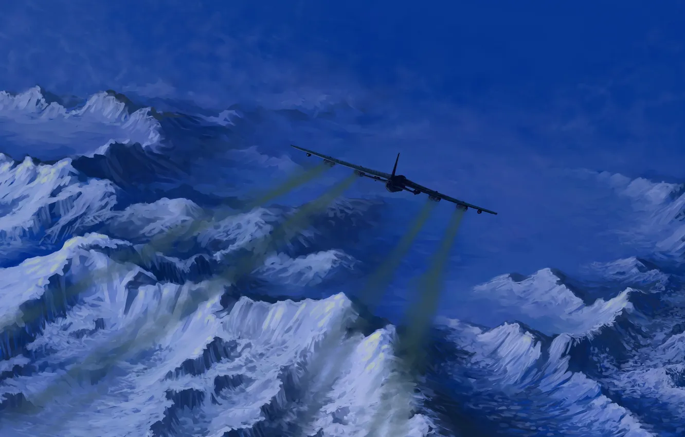 Фото обои небо, полет, авиация, горы, самолет, арт, USAF B-52