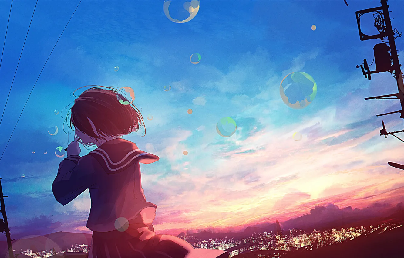 Фото обои небо, девушка, закат, город, мыльные пузыри, школьная форма