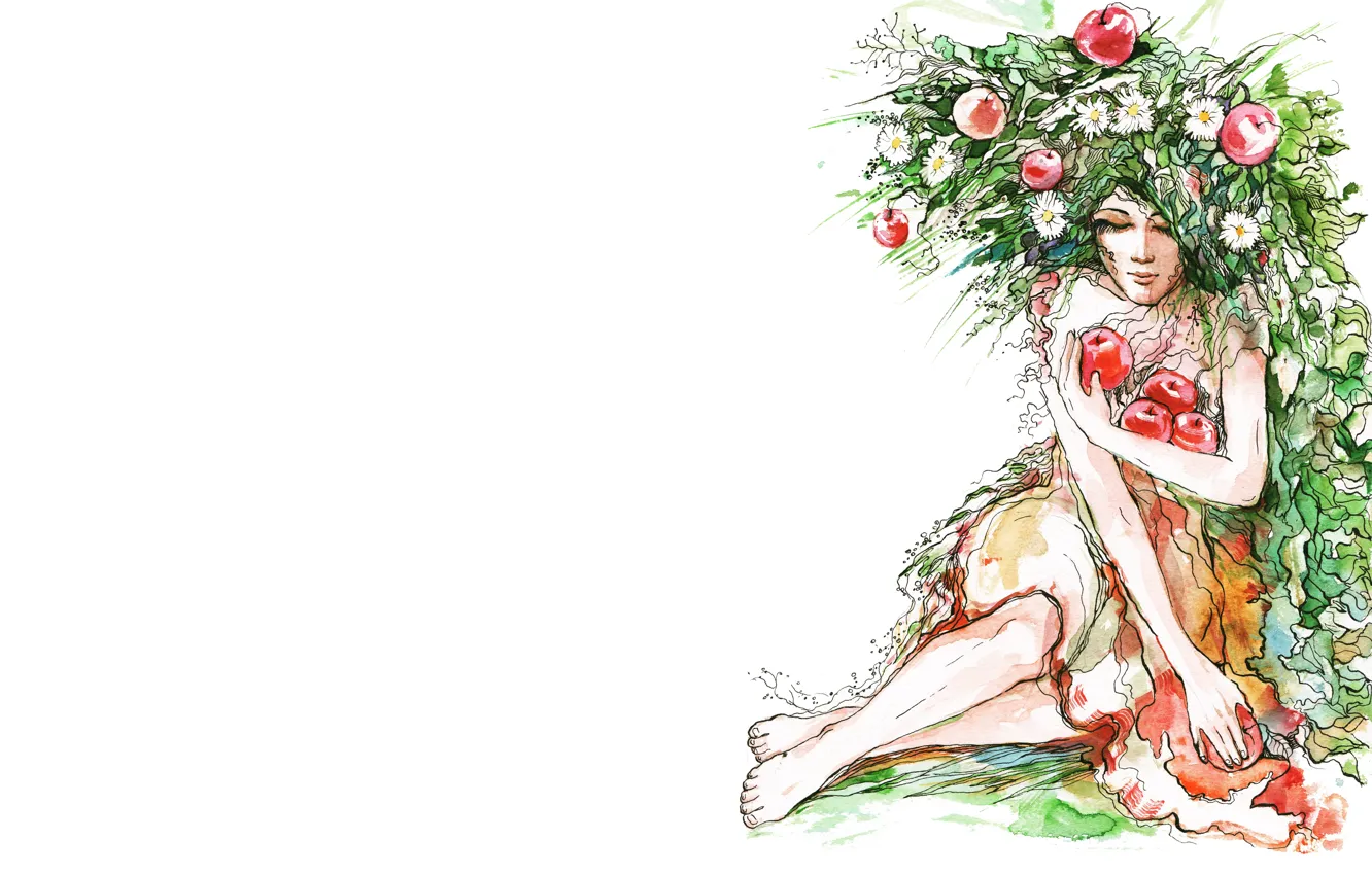 Фото обои листья, девушка, яблоки, ромашки
