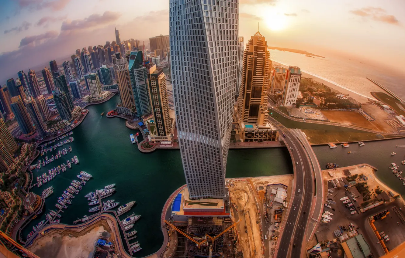 Фото обои город, огни, рассвет, высота, небоскребы, Дубаи, ОАЭ, панорамма