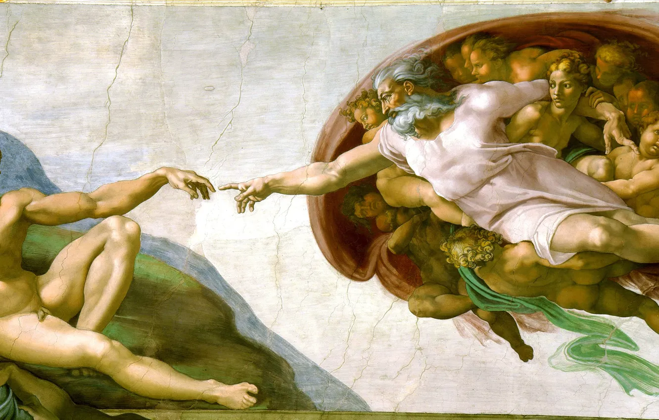 Фото обои Микеланджело, Сотворение Адама, Фреска Микеланджело, Музей: Сикстинская капелла