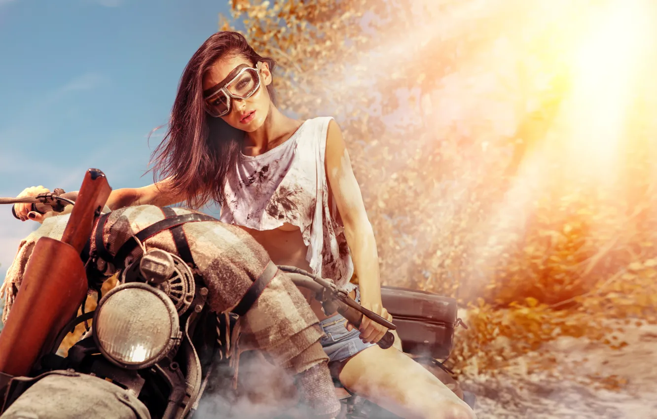 Фото обои gun, motorcycle, brunette, pose, dirt glasses