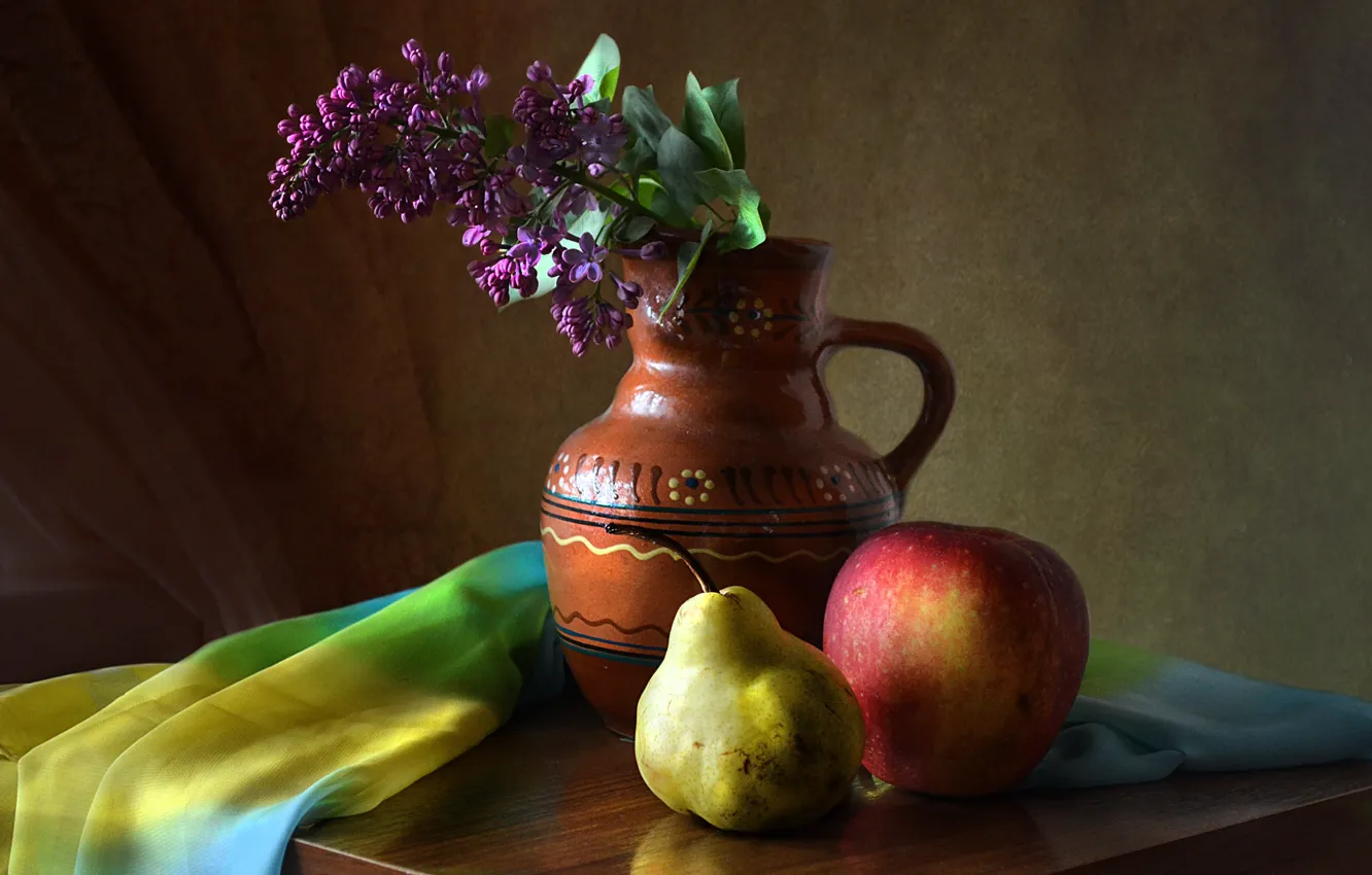 Фото обои цветок, стол, яблоко, груша, кувшин, фрукты, натюрморт, предметы