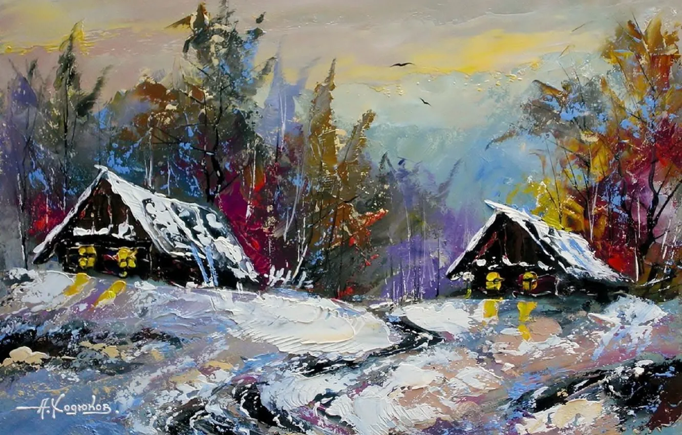 Фото обои зима, лес, свет, снег, пейзаж, окна, картина, деревня