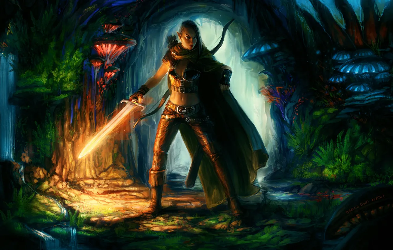 Фото обои девушка, грибы, меч, лук, арт, пещера, плащ, горящий