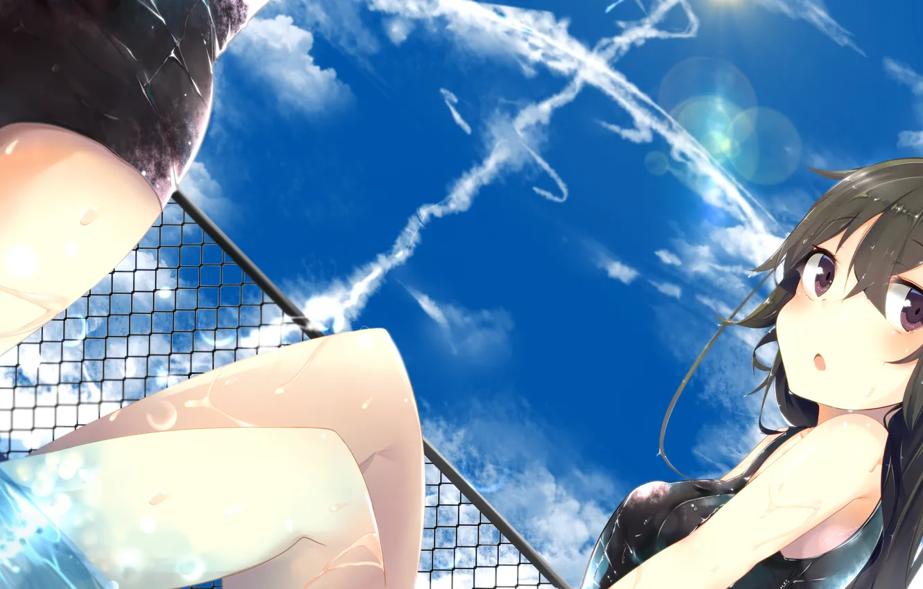 Фото обои купальник, небо, девушка, облака, мокрая, аниме, бассейн, арт