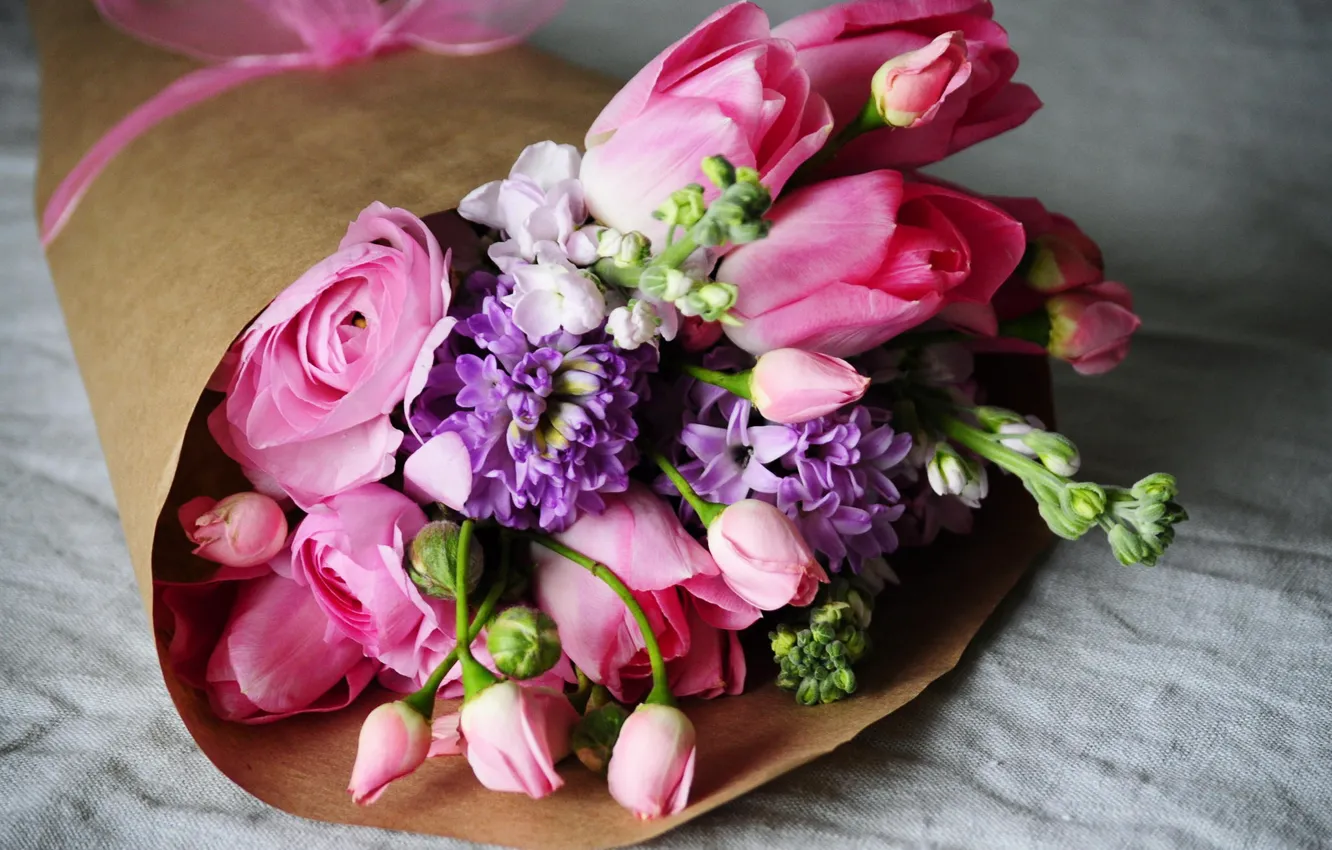 Фото обои букет, тюльпаны, розовые, лютики