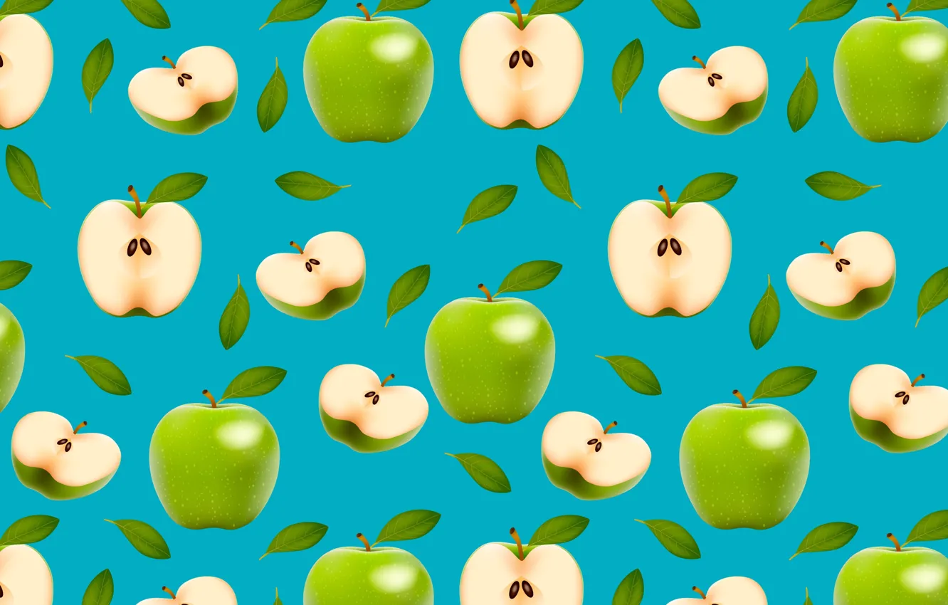 Фото обои зеленый, яблоки, плоды, половинки