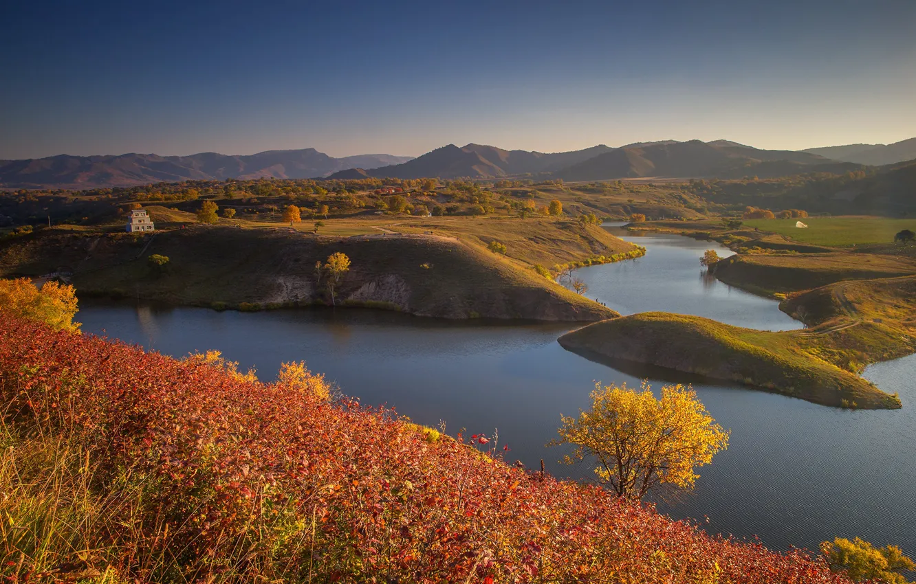 Фото обои осень, река, холмы