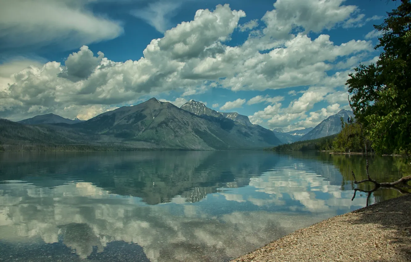 Фото обои облака, горы, озеро, отражение, берег, Монтана, Glacier National Park, Глейшер
