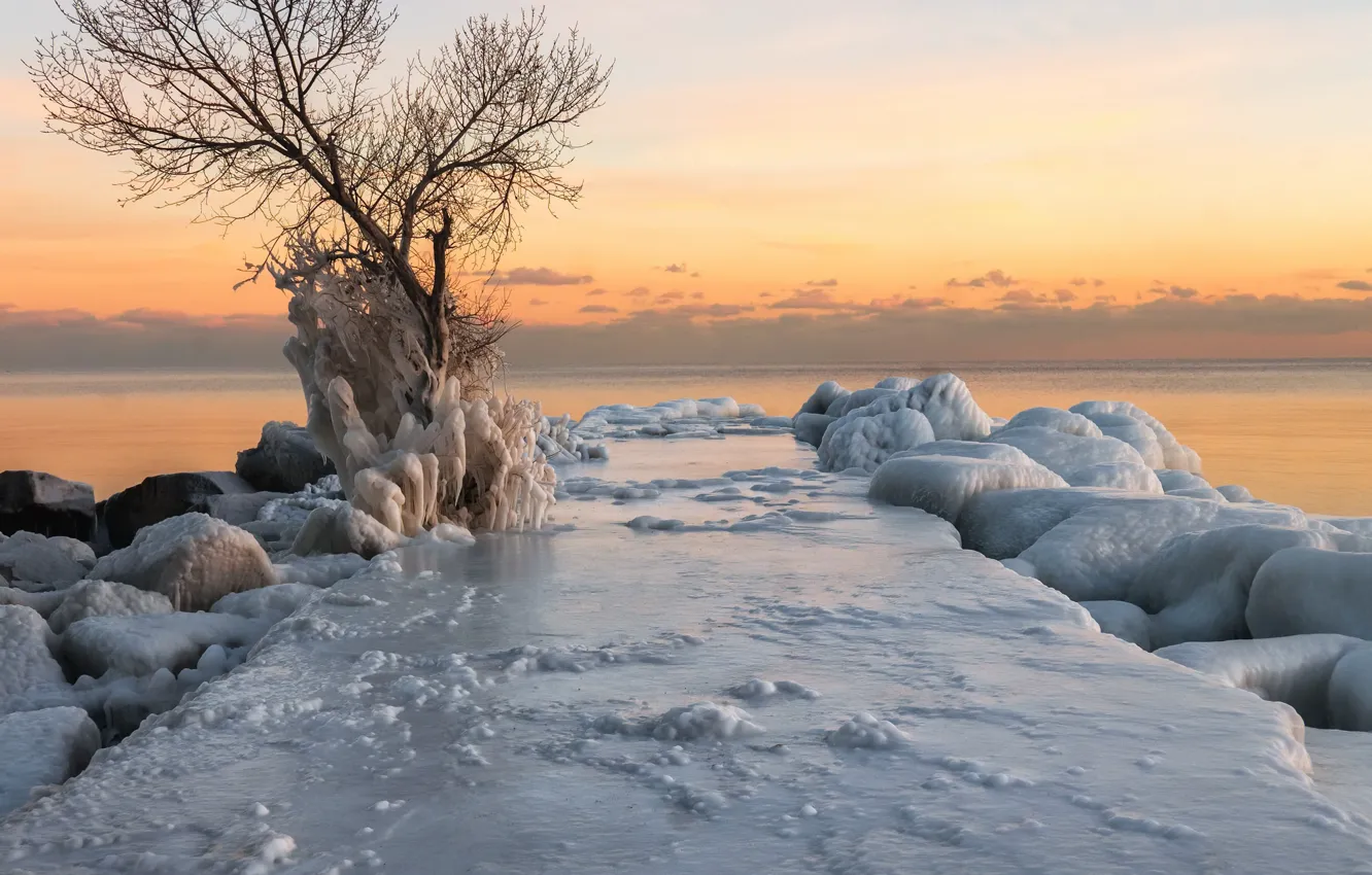 Фото обои зима, море, закат, берег, лёд