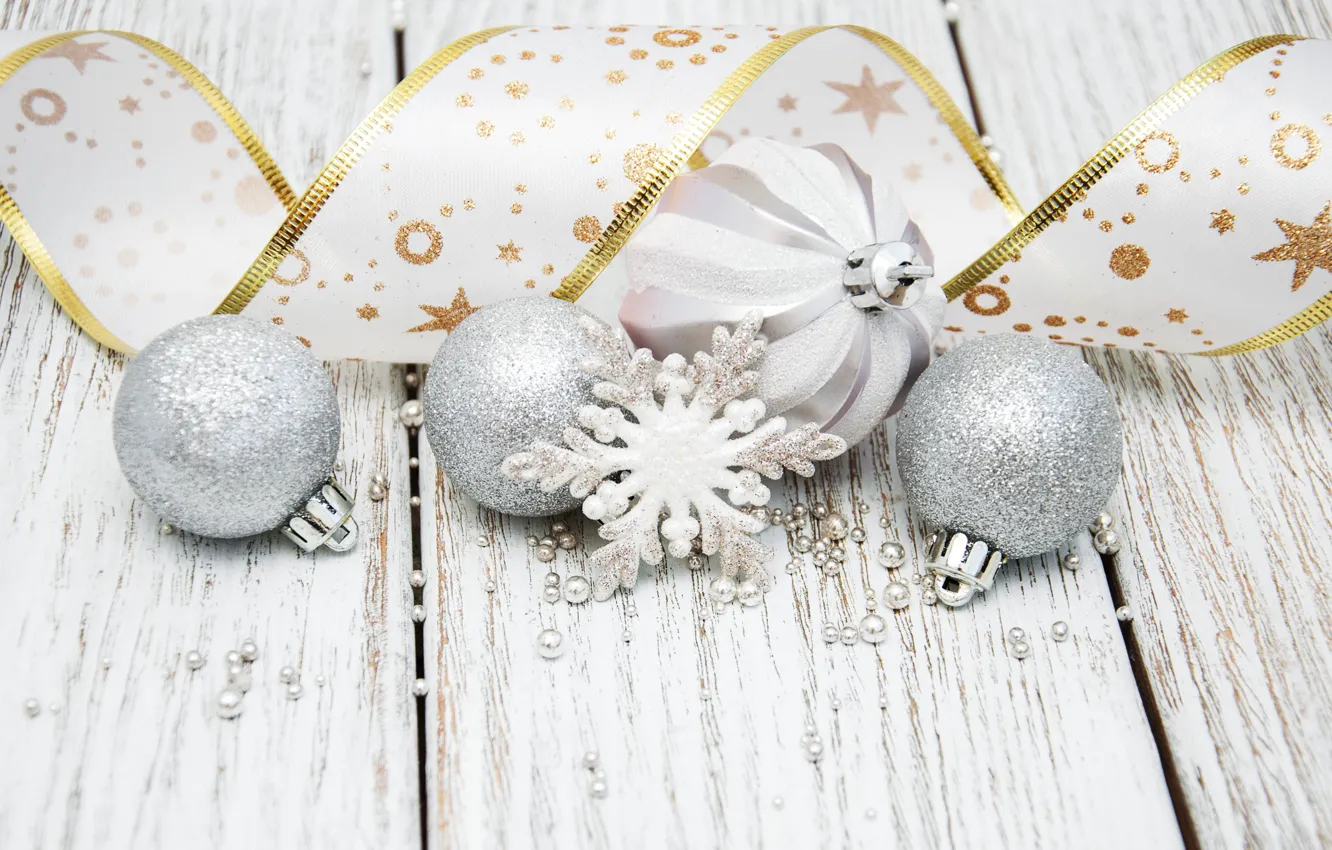 Фото обои украшения, шары, Новый Год, Рождество, лента, christmas, balls, merry