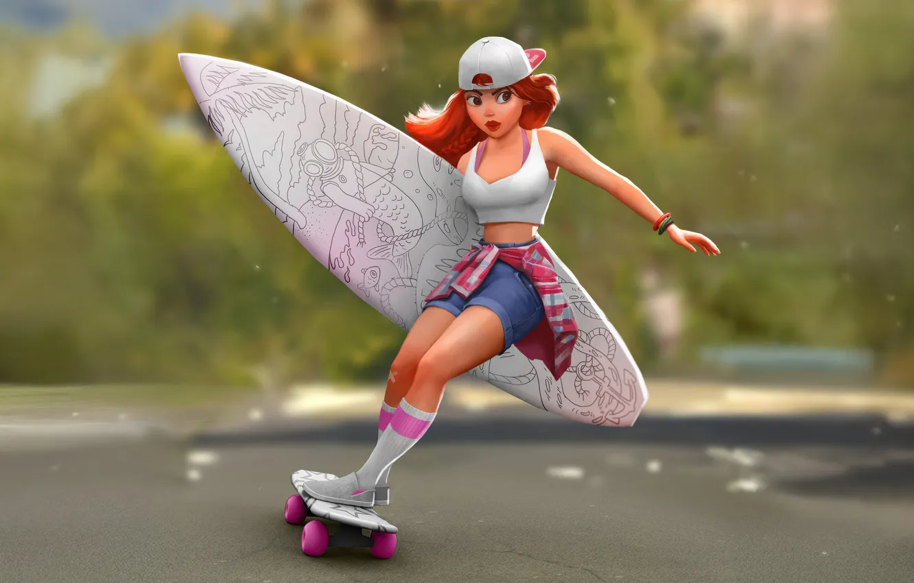 Фото обои girl, young, anime, skateboard, rolling