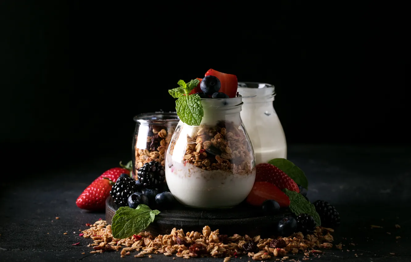 Фото обои ягоды, завтрак, мюсли, йогурт